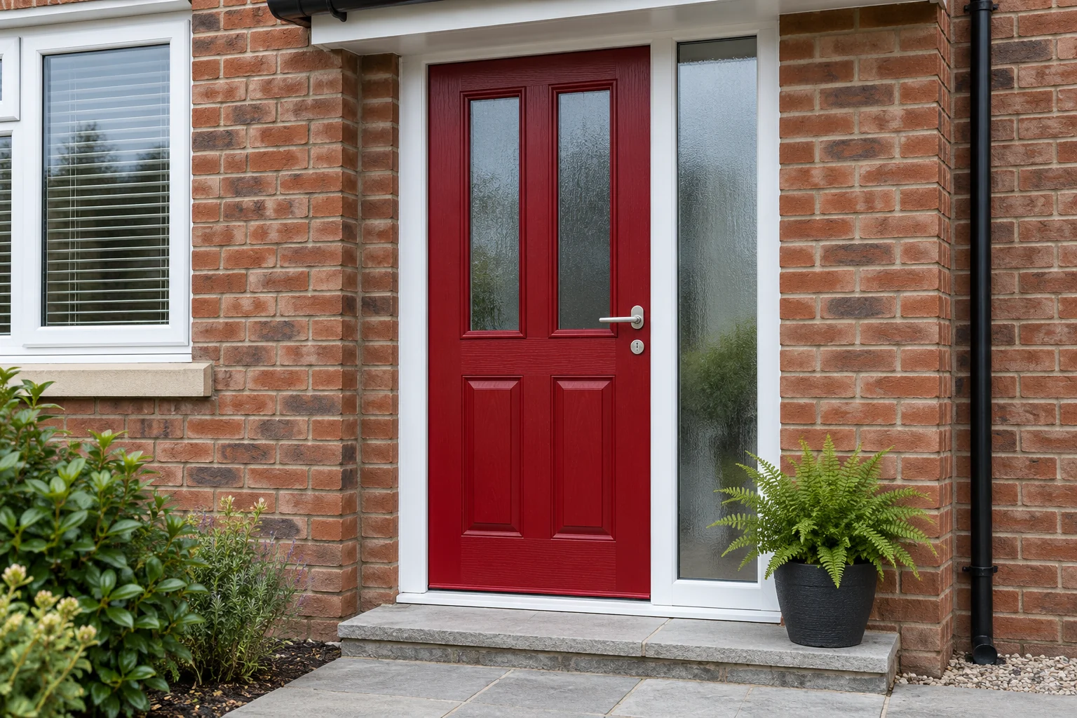 Red front door with silver lock hardware at an English home