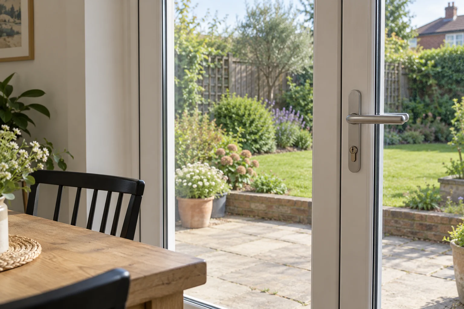 White patio door with silver handle beside a bright dining room