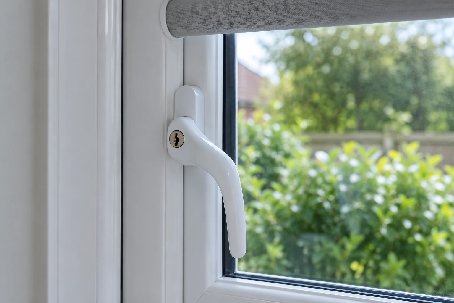 White locking handle on a uPVC window with garden foliage outside